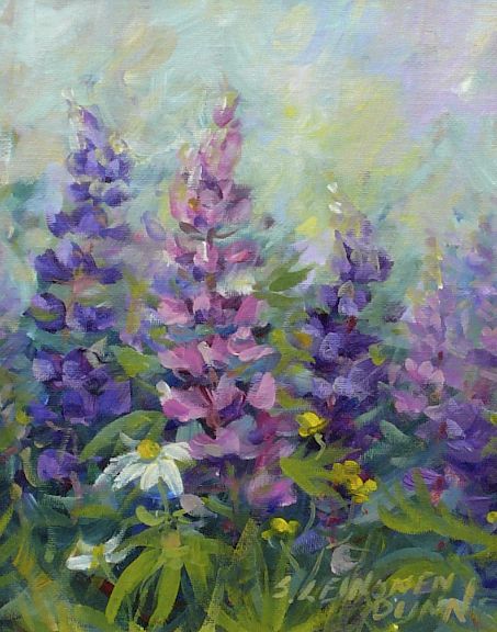 Lupin Painting, Lupins Flowers, Basket Painting, Acrylic Inspiration, Beach Scene Painting, Lupine Flowers, Acrylic Flower Painting, Maine Art, Miniature Paintings