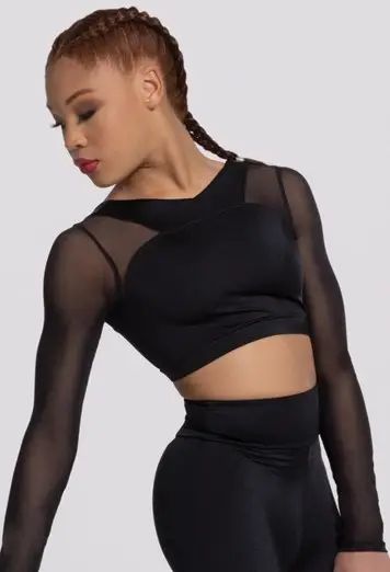 STUDIO EXCLUSIVE Lustre spandex crop top with deep V in backPower mesh long sleeves and insets at shoulders are unlinedAll sizes have fully lined shiny spandex panelsGlitter free!Imported Spandex Crop Top, Dance Tops, Mesh Crop Top, Mesh Long Sleeve, Dance Costume, Dance Costumes, Black Long Sleeve, Deep V, Chicago