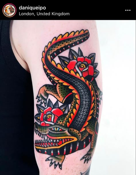 Traditional Tattoo Leg Sleeve, Medieval Etching, Caterpillar Tattoo, Alligator Tattoo, Crocodile Tattoo, Traditional Snake Tattoo, Traditional Tattoo Drawings, Lizard Tattoo, Traditional Tattoo Inspiration