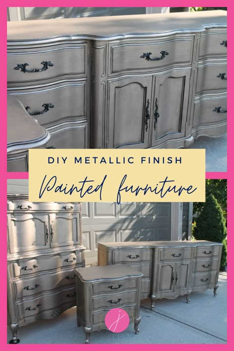 DIY Silver Furniture Finish | The Magic Brush | How to upcycle used furniture with a silver metallic paint finish on a French sideboard and table. #DIY #metallicpaint Deck Cabinet, Silver Painted Furniture, Hollywood Bedroom, Jennifer Allwood, Metallic Painted Furniture, Silver Metallic Paint, French Sideboard, Cabinet Refinishing, Silver Bedroom