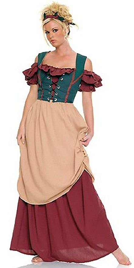 Women's Renaissance 4-Piece Peasant Serving Wench Green and Burgundy Costume with Cream Over Skirt by Leg Avenue Saloon Girl Costumes, Peasant Costume, Headband Dress, Affordable Lingerie, Dress Apron, Cinderella Costume, Flapper Costume, Victorian Costume, Lingerie Costume