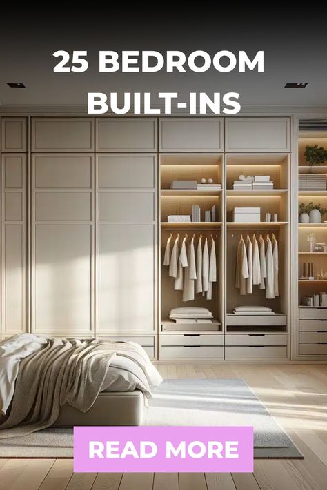 25 Bedroom Built-Ins Built In Wardrobe Behind Bed, Modern Built In Closet, Built-in Wardrobes, Custom Bedroom Built Ins, Bedroom Wall Units Built Ins Master Closet, Wardrobe In Bedroom Ideas, Bedroom Cabinet Ideas Built Ins, Built In Wardrobes Bedroom, Wall To Wall Closet Ideas