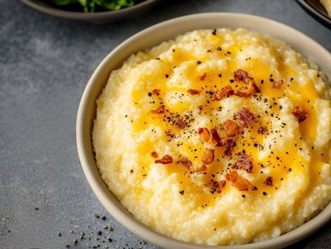 Creamy Cheesy Grits Recipe: A Southern Comfort Classic with Crispy Bacon Topping - NewsBreak Cheesy Broccoli Recipe, Creamy Cheesy Grits, Cheesy Grits Recipe, Bacon And Cheese Quiche, How To Cook Grits, Fresh Herb Recipes, Southern Comfort Food, Cheesy Grits, Chicken Wrap Recipes