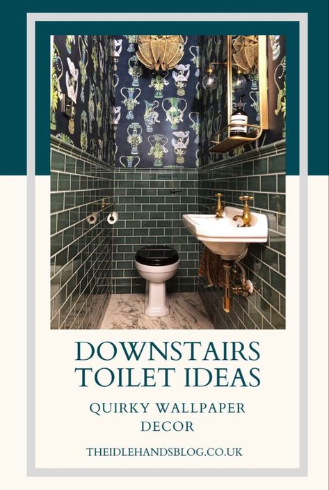 Ideas For Small Cloakrooms, Loo Decor Ideas, Understairs Toilet Wallpaper, Under Stairs Toilet Small Decor, Toilet With Panelling And Wallpaper, Wallpaper Guest Toilet, Small Downstairs Toilet Wallpaper, Downstairs Toilet Ideas Small Quirky, Quirky Wc Ideas