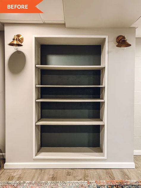 Built In Cabinet Hallway, Inset Bookshelves In Wall, Bedrooms With Built In Shelves, Shelves With Painted Backs, Built In Shelf Remodel, Drywall Shelves Built Ins, Painting Built In Shelves, Built Into Wall Shelves, Built In Shelves Living Room Paint Ideas