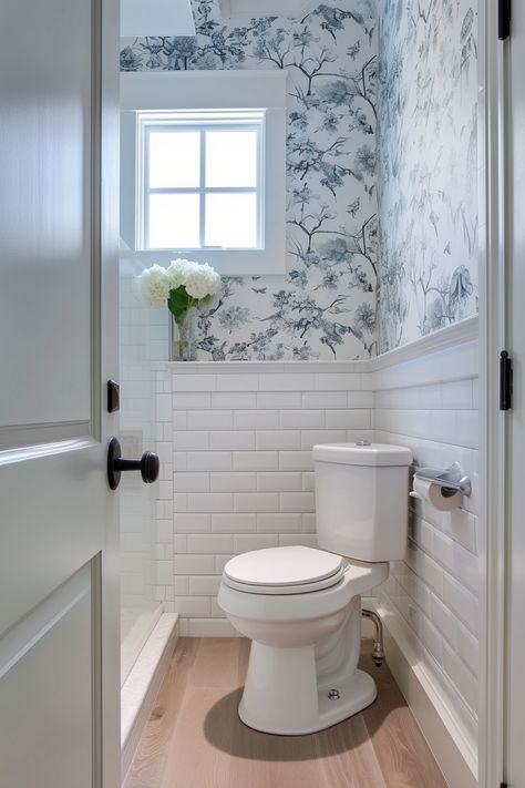 Wallpaper Ideas For Small Bathrooms - Home Tips Clubs Tiny Cloakroom Toilet, Small Toilet Room Wallpaper, Toilet Room Wallpaper, Small Toilet Ideas, Wc Wallpaper, Small Powder Bathroom Ideas, Wallpaper Toilet, Wc Ideas, Kids Bathroom Design