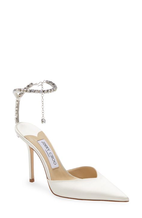 Jimmy Choo Saeda Crystal Ankle Strap Pointed Toe Pump available at #Nordstrom Jimmy Choo Saeda, Jimmy Choo Wedding Shoes, Wedding Fits, Dazzling Jewelry, Ivory Pumps, Food Courts, Gender Inclusive, Crystal Heels, Crystal Shoes