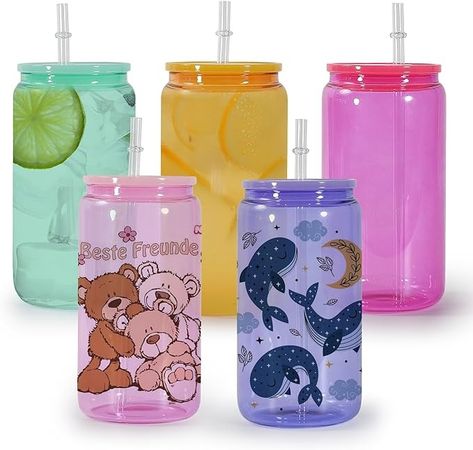 Amazon.com | sweet grain Sublimation Glass Cans with Lids and Straws(5 Pack) - 16oz Transparent Colored Sublimation Glass Blanks, Sublimation Glass Tumbler Bulk for Iced Coffee, Juice, Soda - 5 Colors: Tumblers & Water Glasses Sublimation Glass Tumbler, Glass Coffee Cups, Bar Glassware, Glass Straws, Sublimation Paper, Colorful Party, Glass Tumbler, Bubble Tea, Tumblers With Lids