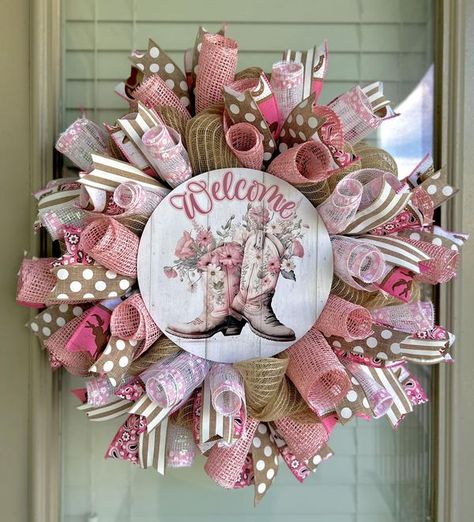 Selling Homemade Wreaths | Just sold this cowgirl wreath Western Wreaths, Cowboys Wreath, Homemade Wreaths, Pink Wreath, Western Wear Outfits, Just Sold, Welcome Wreath, Wreath Bow, Winter Wreath