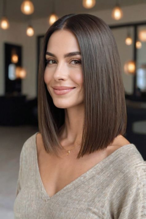 Top 19 Low-Maintenance Medium-Length Haircuts That Everyone Is Talking About - Bangz Hair Design Mid Back Haircut Straight, One Length Long Bob, Long Sleek Bob, Medium Hair Straight Cut, Straight Hair Long Bob, Styling A Long Bob, Shoulder Length Straight Haircut, Short Brunette Hair Bob, Long A Line Bob