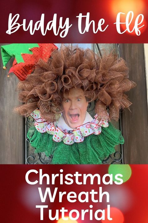 Elf Wreaths Deco Mesh Diy, Elf Movie Parade Float Ideas, Elf Movie Wreath, Funny Wreath Ideas, Buddy The Elf Wreath, Wreath Contest Ideas, Elf Wreaths Deco Mesh, Elf Wreath Ideas Diy, Snowman Display