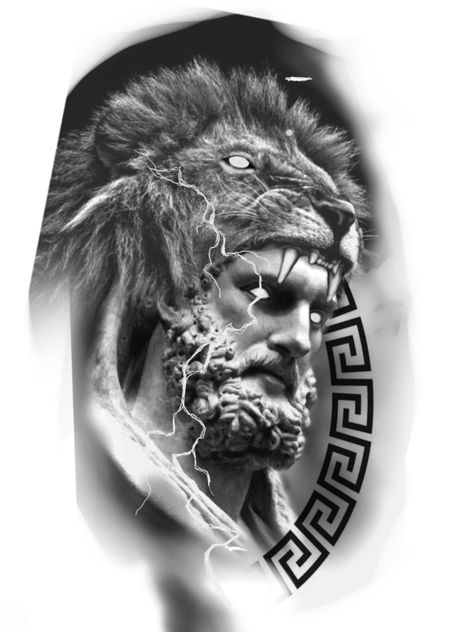 Man Sleeve Tattoo, Sleeve Tattoos Men, Tattoo Warrior, Hercules Tattoo, Portrait Tattoo Sleeve, Greek God Tattoo, Gladiator Tattoo, Chicano Tattoos Sleeve, Zeus Tattoo