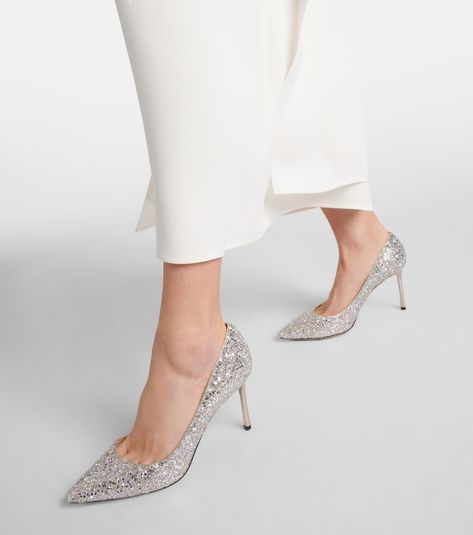 Romy 85 glitter pumps in silver - Jimmy Choo | Mytheresa Jimmy Choo Romy, Glitter Pumps, Mid Heels Pumps, Silver Pumps, Silk Midi Dress, Jimmy Choo Shoes, Goat Leather, Trending Dresses, Metallic Leather