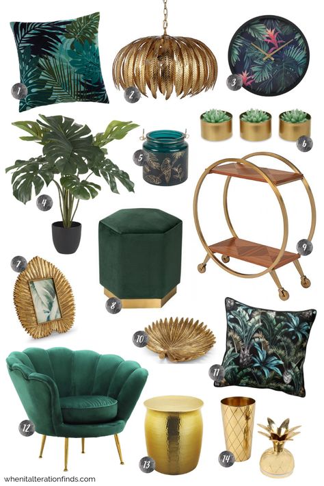 Tropical Velvet, Tropical Luxury, Green Living Room, Gold Living Room, Cute Dorm Rooms, Gold Home Decor, Room Transformation, Tropical Decor, Cool Rooms