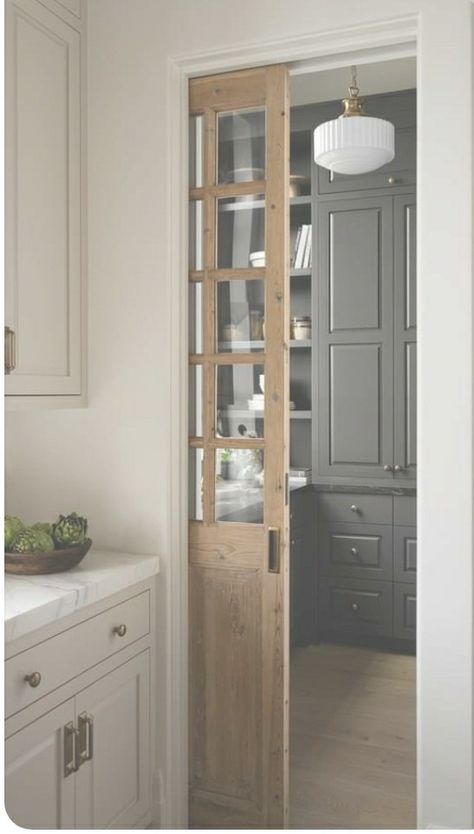 Door To Butlers Pantry, Walk In Pantry Pocket Door, Pantry Costco Door, Pocket Door Pantry Kitchen, Pantry Pocket Door Ideas, Pocket Pantry Door, Butlers Pantry Layout, Pocket Doors Pantry, Pantry Double Doors