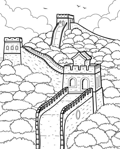 Great Wall Of China Drawing Sketch, Great Wall Of China Sketch, Great Wall Of China Illustration, Great Wall Of China Drawing, China Coloring Pages, China Drawing, China For Kids, Linear Illustration, Whiteboard Art