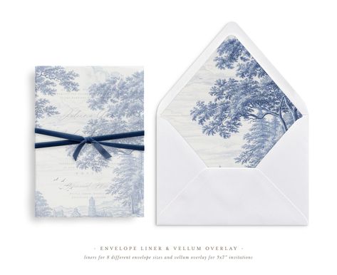 "ABOUT THE PRODUCT Wedding Embellishments - Mini Bundle (Value Set) - Vellum Overlay & Envelope liner in 8 different sizes An envelope liner can transform a wedding suite by adding a touch of uniqueness, enabling the envelopes to stand out, and even allowing for the couple to incorporate something personal to their wedding. The vellum overlay add the perfect finishing touch to your invitation suite package. Vellum pairs well with fine paper twine and silk ribbon to give your guests a beautifully Toile Wedding Invitations, Delft Wedding, Wedding Vellum, Wedding Invitations Vellum, Toile Wedding, Vellum Overlay, Vellum Envelope, Paper Twine, Envelope Liners Wedding