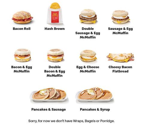 This is the new McDonald's limited breakfast menu for those outlets which have reopened... Macdonald Breakfast, Mcdonald’s Breakfast, Mcdonald Breakfast, Breakfast Mcdonalds, Mcdonalds Breakfast Menu, Mcdonalds Pancakes, Uk Breakfast, Sausage And Egg Mcmuffin, Vegan Mcdonalds