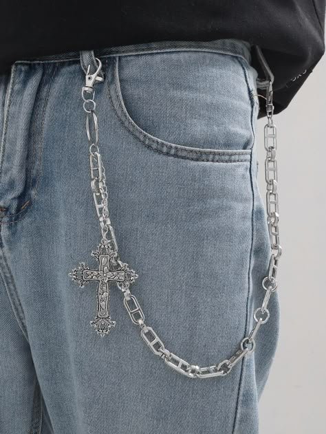 Silver  Collar  Iron   Embellished   Men Accessories Pants Chain Outfit Men, Jean Chains Men, Y2k Accessories Men, Chain On Jeans, Chains For Jeans, Cross Chain Men, Male Fashion Accessories, Orel Puppington, Chain Outfit