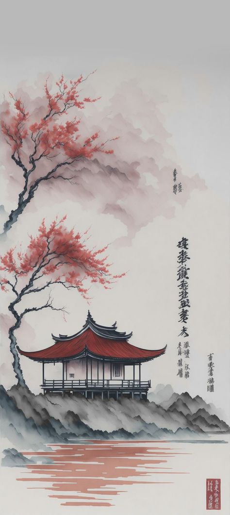 Japanese Background Drawing, Japan Scenery Drawing, Japanese Painting Wallpaper, Chinese Aesthetic Wallpaper, Chinese Wallpaper Aesthetic, China Wallpaper, Japan Drawing, Chat Background, Chinese Wallpaper