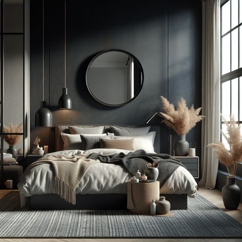 Snug and modern bedroom with a dark, Industrial aesthetic. King-sized platform bed with Padded headboard, neutral pillows, and a Woven throw blanket. Circular mirror on a dark grey wall, Bedside chest with ceramic pots, Contemporary black lamp. Floor-to-ceiling windows with white curtains, delicate plants in vases. Jute rug in Slate and navy tones. Dark Edgy Bedroom, Bedroom Dark Gray Headboard, Charcoal Bedroom Decor, Black Grey And Cream Bedroom, Black Wall Grey Headboard, Dark Modern Farmhouse Bedroom, White And Dark Grey Bedroom, Grey And Black Bedroom Aesthetic, Bedroom Dark Grey Bed