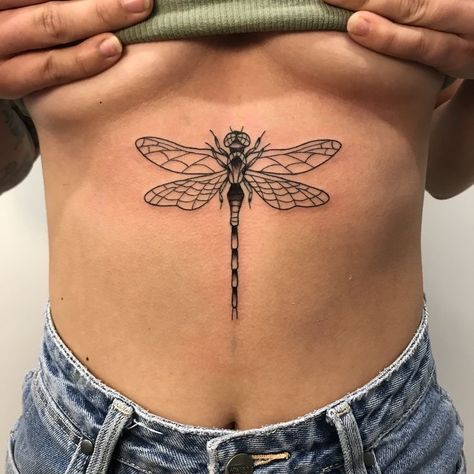 Dragon Fly Stomach Tattoo, Dragonfly Tattoo Placement For Women, Dragonfly Stomach Tattoo, Dragon Fly Tattoo Sternum, Dragonfly Chest Tattoo Female, Cool Sternum Tattoos, Dragonfly Sternum Tattoo, Line Ideas, Dragon Fly Tattoo