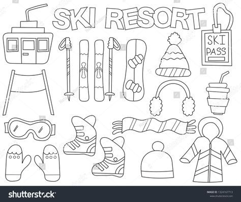 Ski resort set of icons and objects. Hand drawn doodle winter skiing and snowboarding sports design concept. Black and white outline coloring page game. Monochrome line art. Vector illustration. #Ad , #ad, #winter#doodle#drawn#sports Skiing Coloring Pages, Snowboard Doodle, Ski Doodle, Bujo January, Ski Drawing, Black And White Outline, Visuell Identitet, Art Vector Illustration, Snowboarding Trip