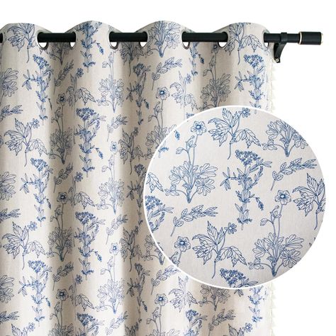 PRICES MAY VARY. The floral curtain package includes 2 panels, each 52 inches wide. Linen curtains are available in lengths of 53 inches long, 84 inches long and 96 inches long to accommodate most curtain sizes. The grommets at the top of the curtains feature a sturdy metal design that is both attractive and strong enough to fit through curtain rods up to 1.55 inches. The simple metal grommet design simply goes through the curtain rod and is very easy to pull. Exquisite vintage printed curtains Cortinas Country, Blue Floral Curtains, French Country Curtains, Linen Curtain, Farmhouse Curtains, Country Curtains, Long Curtains, Vintage Curtains, Curtains For Living Room