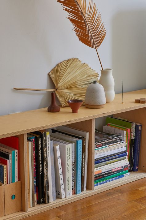 Small Low Bookcase, Low Standing Shelves, Diy Low Shelf, Low Shelving Unit, Low Bookcases In Living Room, Plywood Ideas, Low Shelving, Plywood Bookcase, Books Furniture