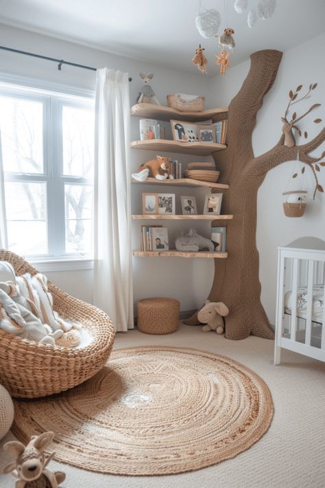 45  Nature-Inspired Nursery Ideas for a Serene Baby Retreat Tree In Nursery Room, Woodlands Baby Nursery, Corner Shelves Nursery, Outdoorsy Nursery Gender Neutral, Nursery Nature Theme, Stimulating Nursery, Nursery Ideas Nature, Shelves Baby Room, Earthy Nursery Ideas