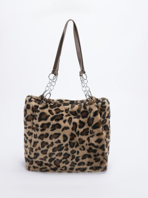 Brown Preppy Collar  Polyester Animal,Leopard Print Shoulder Tote Bag Embellished   Women Bags Preppy Bags, Leopard Print Bag, Leopard Bag, Leopard Pattern, Shoulder Tote Bag, Printed Bags, White Collar, Shoulder Tote, Womens Tote