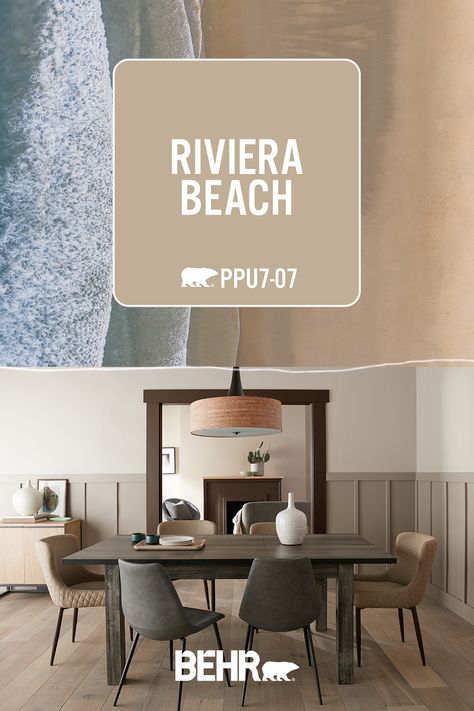 Painting with Riviera Beach is like playing in the sand on a warm summer day. Behr Riviera Beach, Dessert Sand Paint Color, Riviera Beach Behr Paint, Beach Sand Paint Color, Spanish Sand Behr Paint, Sand Colored Walls, Sand Paint Color, Beach Paint Colors, Behr Exterior Paint