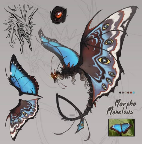 Moth Dragon, Morpho Menelaus, Dragon Concept, Dragon Sketch, Arte Van Gogh, Creature Artwork, Cute Fantasy Creatures, Fantasy Beasts, Creature Drawings