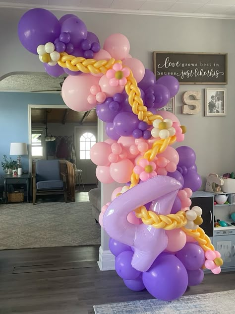 #rapunzel #tangled #birthday #birthdayparty #birthdaypartyideas #birthdaydecordesigns #balloons #balloondecoration #balloonstylist #balloonarchtutorial #balloongarlands Disney Princess Diy Party Decorations, Disney Princesses Party Decorations, Pin The Hair On Rapunzel Game, Tangled Balloon Decoration, Rapunzel Pool Party, Tangled Rapunzel Balloon Garland, Two Tangled Birthday, Rapunzel 2nd Birthday, Rapunzel Balloon Decorations