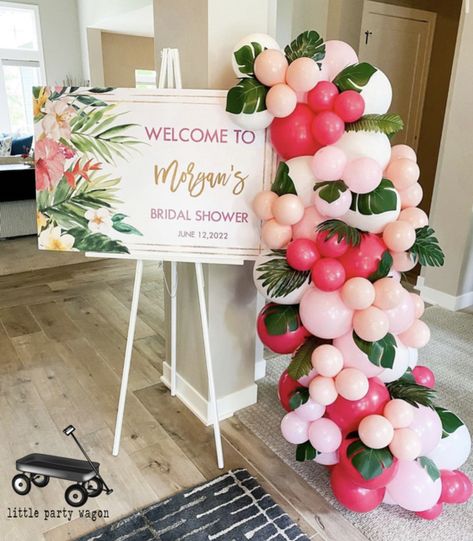 Luau Bridal shower balloons Tropical Bridal Shower Balloon Arch, Pink Tropical Bridal Shower Ideas, Orchid Bridal Shower Ideas, Palm Beach Bridal Shower Theme, Hawaii Bridal Shower Ideas, Luau Engagement Party Ideas, Bridal Shower Tropical Theme, Tropical Wedding Shower Ideas, Tropical Theme Baby Shower Ideas