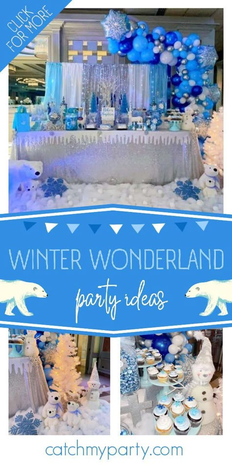 Check out this cute winter wonderland baptism! The dessert table is gorgeous! See more party ideas and share yours at CatchMyParty.com Winter Wonderland Party Theme For Kids, Birthday Winter Wonderland Theme, Winter Wonderland Party Theme Ideas, Winter Wonderland Party For Kids, Winter Wonderland Birthday Activities, Snow Party Ideas, Winter Wonderland Snack Table, Winter Birthday Party Ideas For Teens, Sweet 16 Blue Theme Winter Wonderland