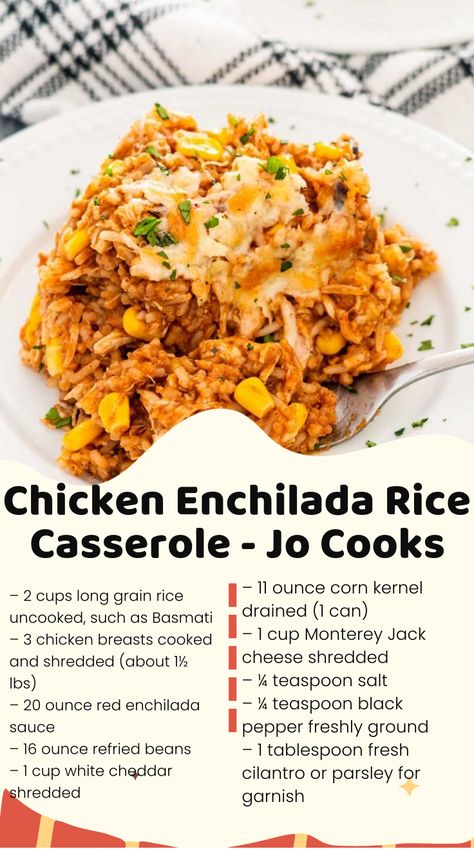 Chicken Enchilada Rice Casserole and be on your dinner table in less than 1 hr. The cheesy, hearty flavor is what makes this dish amazing. Chicken Enchilada Casserole With Rice, Chicken Enchiladas With Rice, Chicken Enchilada Rice Casserole, Enchilada Rice Casserole, Chicken Enchilada Rice, Enchilada Rice, Cheesy Enchiladas, Cheesy Chicken Enchiladas, Jo Cooks