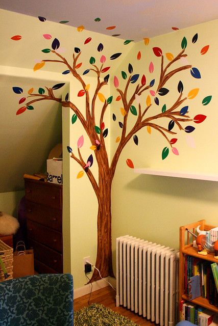 Sticker Tree | Sticker leaves on a painted tree branch in Ma… | Flickr How To Paint A Tree On A Wall, Tree Painting On The Wall, Tree Design On Wall, Tree Wall Painting, Simple Wall Paintings, Nursery Tree, Tree Branch Wall Decor, Life Stickers, Room Wall Decor Ideas