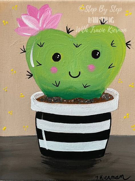 Paint this adorable cactus heart in a striped pot by Tracie Kiernan. Step by step painting tutorial download. Perfect for a paint party DIY. Succulent painting. Valentines Paintings, Heart Cactus, Tin Foil Art, Happy Cactus, Kids Canvas Painting, Succulent Painting, Painting Lesson, Kids Canvas Art, Cactus Painting