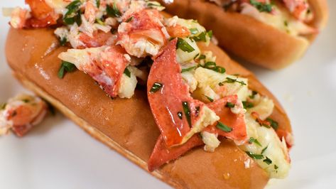 Buttery Connecticut-Style Lobster Rolls Recipe - Tasting Table Connecticut Lobster Roll, Tailgate Sandwiches, Lobster Rolls Recipe, Connecticut Style, Lobster Roll Recipes, Red Wine Vinaigrette, How To Cook Lobster, Bon Appetite, Lobster Roll