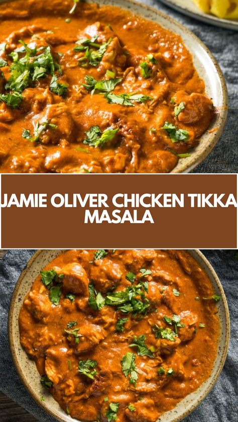 Jamie Oliver’s Chicken Tikka Masala is made with chicken breasts, onions, ginger, coriander, red chilli, groundnut or vegetable oil, plum tomatoes, coconut milk, flaked almonds, natural yogurt, lemon, and a tikka masala paste, creating a savory dish that takes an hour to prepare! Graham Masala, Indian Tikka Masala, Chicken Tiki Masala, Tikka Masala Paste, Tika Masala, Jamie Oliver Chicken, Chicken Masala, Natural Yogurt, Tasty Vegetarian Recipes