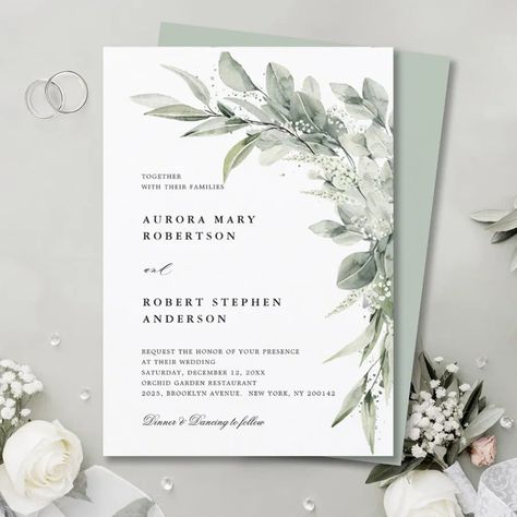 Sage Green Eucalyptus Minimalist Botanical Wedding Invitation Zazzle Minimalist Wreath, Wedding Eucalyptus, Sage Garden, Botanical Wedding Invitation, Rustic Boho Wedding, Budget Wedding Invitations, Watercolor Boho, Botanical Leaves, Botanical Wedding Invitations