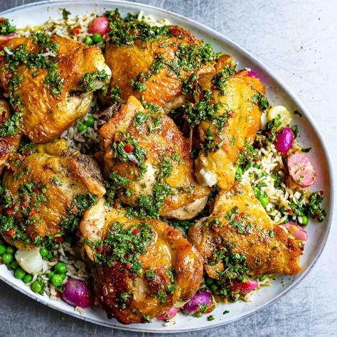 Mob — Chicken Chimichurri Traybake Simple Chicken Dishes, Chicken Chimichurri, Dinner Party Chicken, Chicken And Peas, Tahini Chicken, Best Chicken Recipe, Chicken Katsu Curry, Easy Chicken Recipe, Harissa Chicken