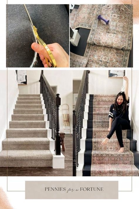 A carpet runner always improves the staircase design and adds style to the space. If this is your first time installing a carpet runner on your hardwood staircase, I'm sharing how I completed this easy DIY home project with a unique look. This step-by-step staircase runner home improvement project will show you how I achieved the look of a beautiful vintage stair runner by mixing three new runner rugs. Learn how to install a staircase runner and which materials you need for this project! Carpet Runner On Stairs With Turn, Painted Stairs With Carpet Runner, Diy Home Updates On A Budget, Stairs Carpet Runner, Carpet Runner On Stairs, Runner On Stairs, Vintage Stair Runner, Townhome Decor, Hardwood Staircase