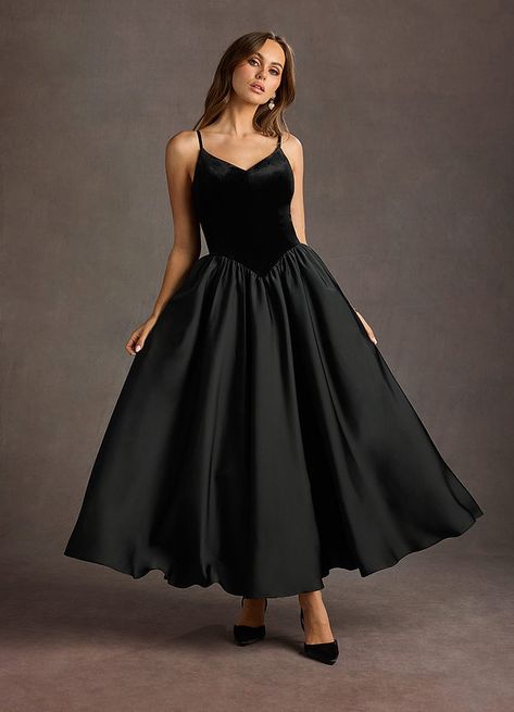 Pandora Black Dropped Waist Maxi Dress | Azazie Formal 60s Dress, Black Tie Inspo Women, 90s Theme Prom Dress, Formal Evening Dresses With Sleeves, Wedding Guest Dresses Modest, Drop Waist Dress Formal, Old Hollywood Black Dress, Black Tie Winter Wedding Guest Dress, Drop Waist Prom Dress