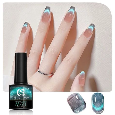 Magnetic Blue Nails, Cat Eye Nail Polish, Nail Polish Blue, Magnetic Gel Polish, Cat Eye Nail, Long Nail Art, Eye Nail Art, Asian Nails, Hippie Nails