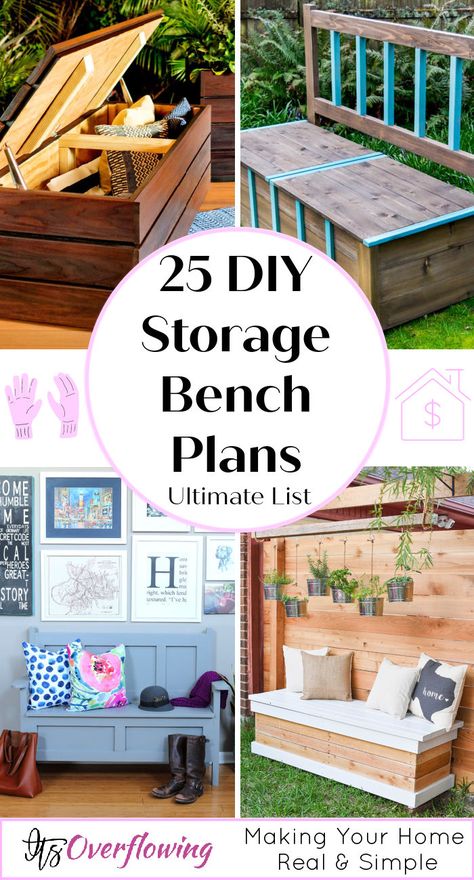 25 Easy To Build DIY Storage Bench Plans - diy bench with storage Diy Storage Bench Plans, Build A Storage Bench, Entry Storage Bench, Corner Bench With Storage, Rustic Storage Bench, Diy Bench Seat, Mudroom Storage, Diy Entryway Bench, Entry Area