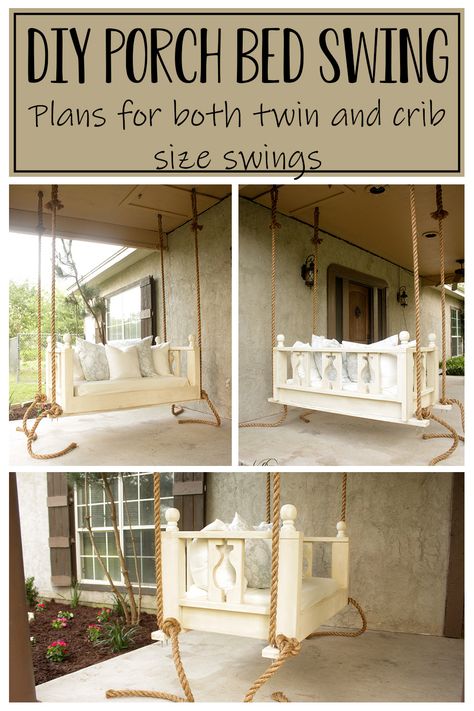 This DIY porch bed swing is the perfect addition to any porch or patio! Relax while swinging on this lovely porch swing that you can build yourself with the free plans! Have an extra twin mattress laying around, make this same porch bed swing in the twin size as well! Make your porch look great with a porch bed swing and make it feel great too spending time out there! via @theinspiredworkshop Porch Swings Diy, Diy Porch Bed, Outdoor Hanging Bed, Front Porch Sitting, Diy Porch Swing Bed, Secret Rooms In Houses, Porch Bed, Diy Swing, Diy Porch Swing