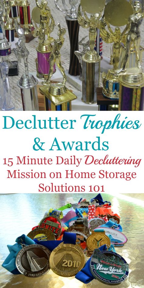 How to declutter old trophies, medals and other awards from your home, including how to get rid of these sentimental items through donation and recycling {one of the #Declutter365 missions on Home Storage Solutions 101} Old Trophies, Clutter Control, Trophies And Medals, How To Declutter, Home Storage Solutions, Awards Trophy, Trophies & Awards, Organization Kids, Declutter Your Home