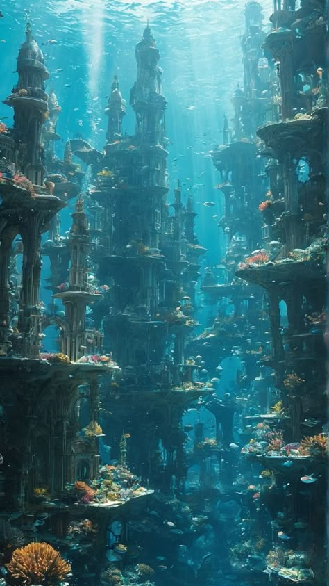 Undersea Kingdom Aesthetic, Atlantis Underwater City, Building Under Water, Fantasy Ocean Kingdom, Fantasy Water Kingdom Aesthetic, Wonders Of The Sea, Underwater Kingdom Aesthetic, Underwater City Aesthetic, Water Kingdom Aesthetic